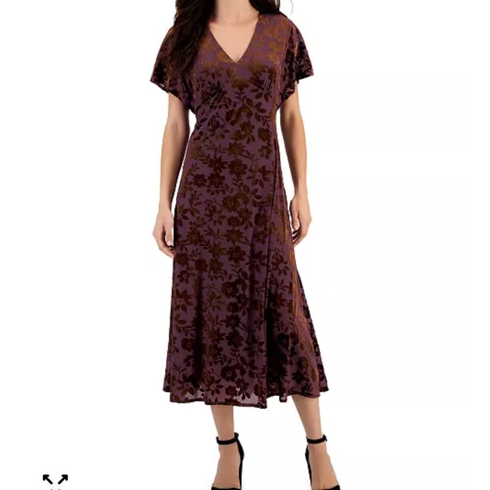 Taylor Plum Velvet Burn-out V Neck Floral Midi Dress | 6